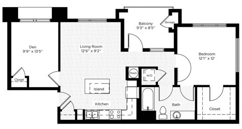 Floor plan for 1 bed, 1 bath, 774 sqft
